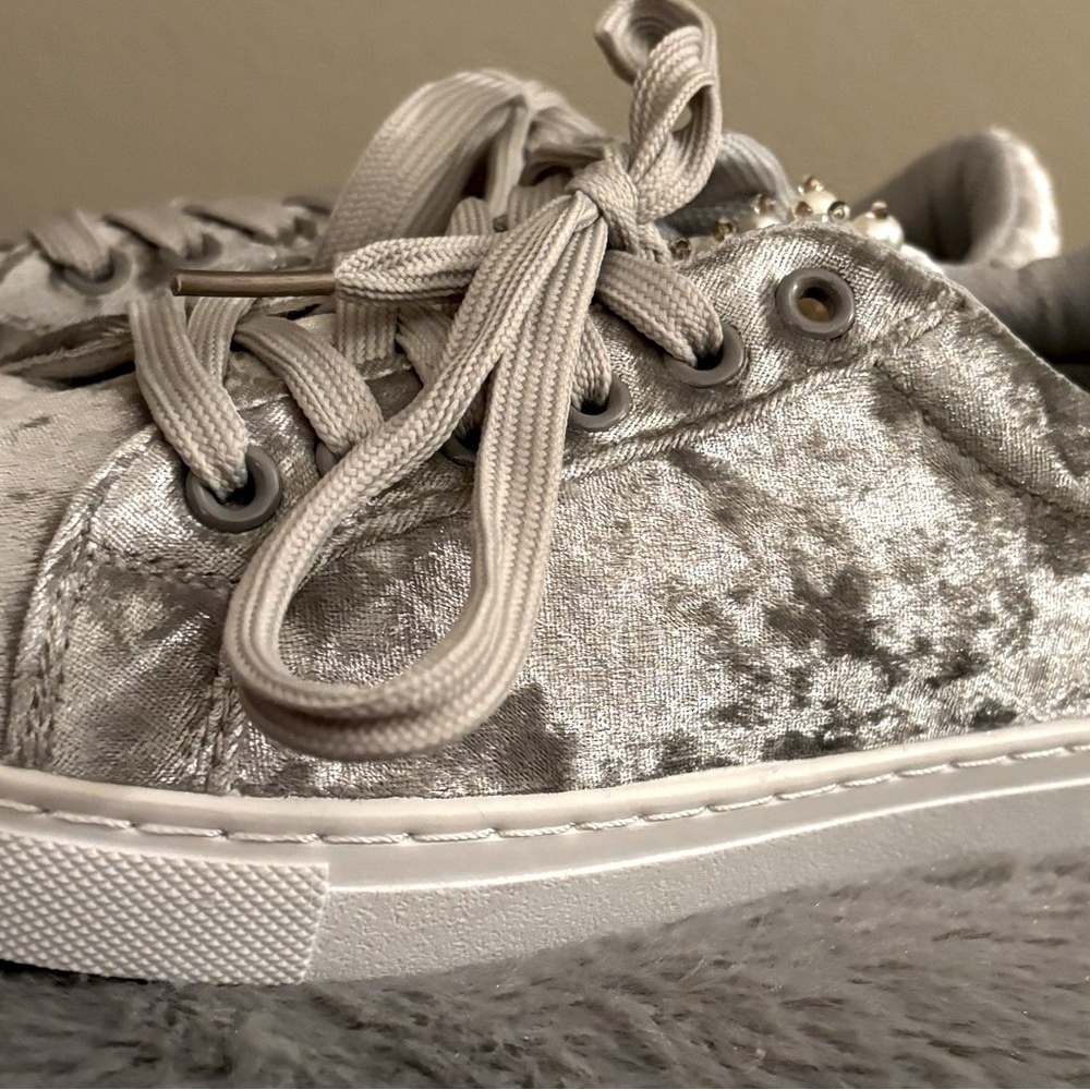 Gray Velvet Sneakers with Pearl Embellishment in size 6.5